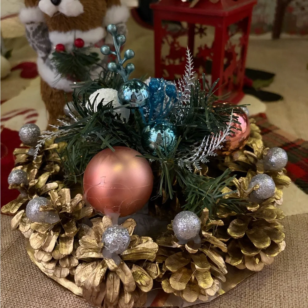 Gold Pinecone Christmas Centerpiece Pink & Blue Ornament Holiday Table Decor